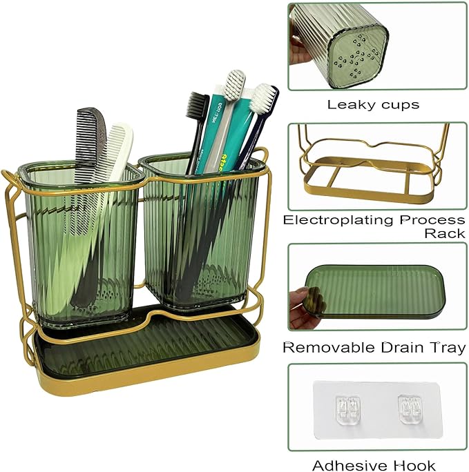 Christmas Green Toothbrush Holders for Bathrooms, 2 Cups Toothbrush Holders Wall Mounted, Bathroom Organizers and Storage, Bathroom Toothbrush Holder Set for Toothpaste Razors Toothbrush