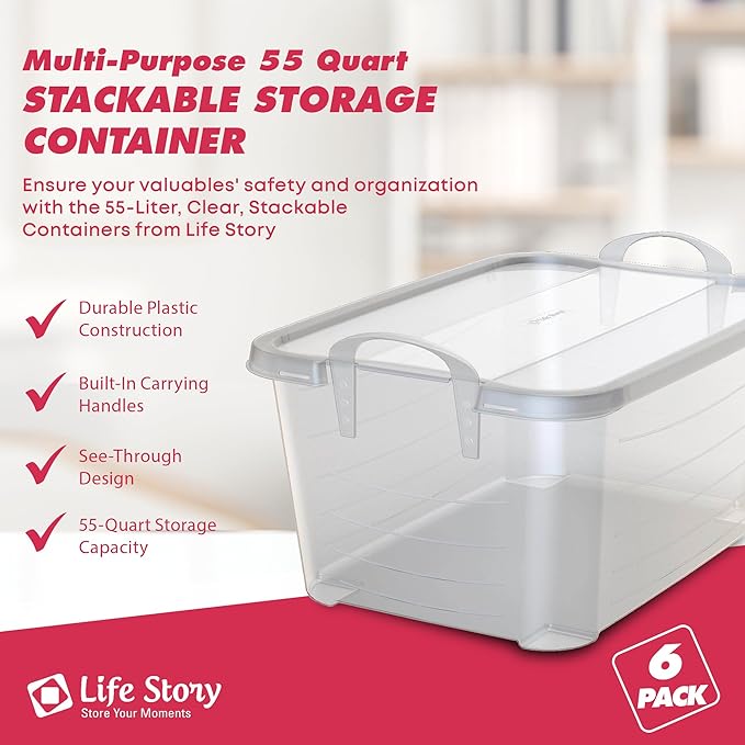 Life Story 6 Pack Light Duty Stackable Storage Bin, 55 Quart Home Organizer, Versatile Lightweight Locking Bins with Carrying Handles, Clear