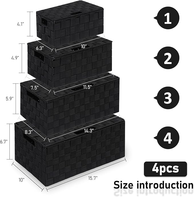 Storage Bins Woven Organizer with Lids Set of 4 – Polypropylene Storage Baskets with Metal Frame, Stackable Fabric Boxes for Drawers, Closet, Shelf, Nursery and Office, Black