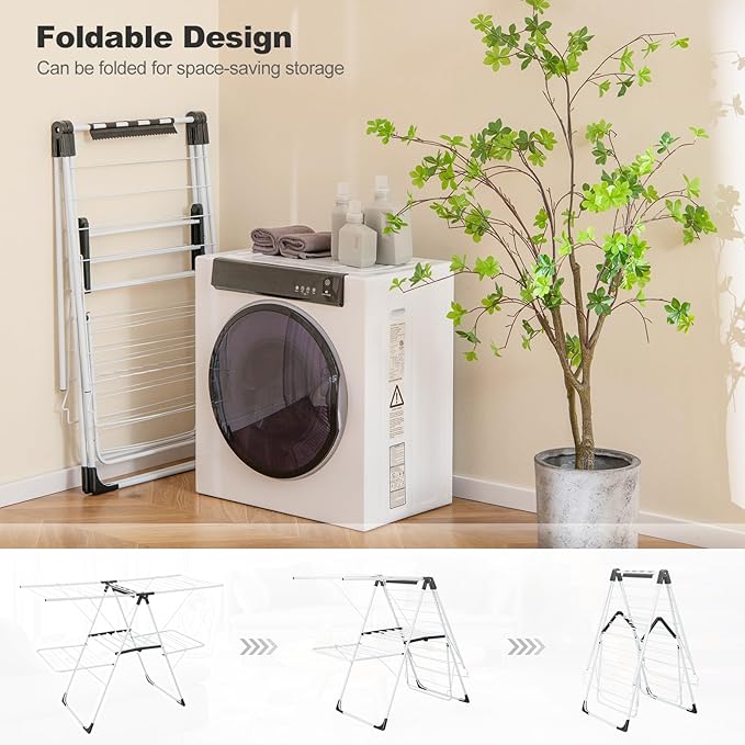 Tangkula Laundry Drying Rack, Foldable Clothes Drying Rack with Height Adjustable Wings, 33 Drying Rails & Sock Clips, Freestanding Gullwing Garment Stand for Indoor & Outdoor Use (White+Grey)