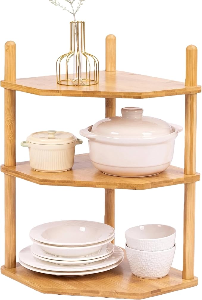 3 Tier Expandable Bamboo Corner Shelf - Dish/Plate Organizer for Cabinet, Kitchen Counter Shelf & Small Kitchen Shelf, Adjustable (1, 3Tier-6.7" H)