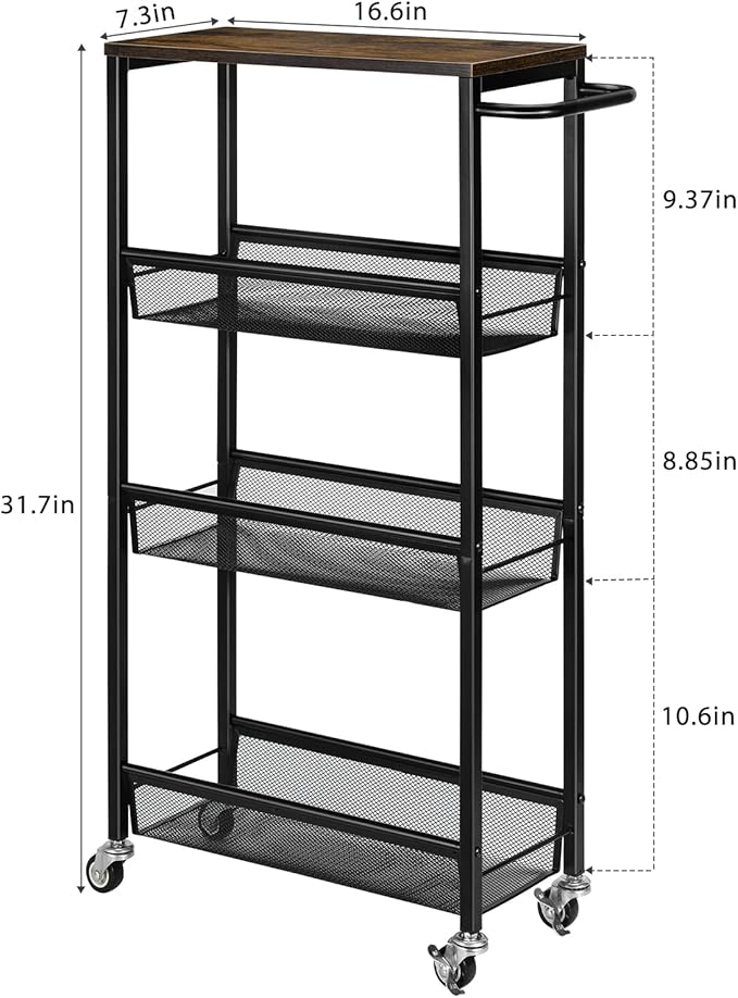 NANANARDOSO 4 Tier Slim Storage Cart, Shelving Unit for Small Space, Rolling Storage Cart with Wooden Top and Metal Handle for Narrow Space on Kitchen, Bathroom, Laundry Room, Black.
