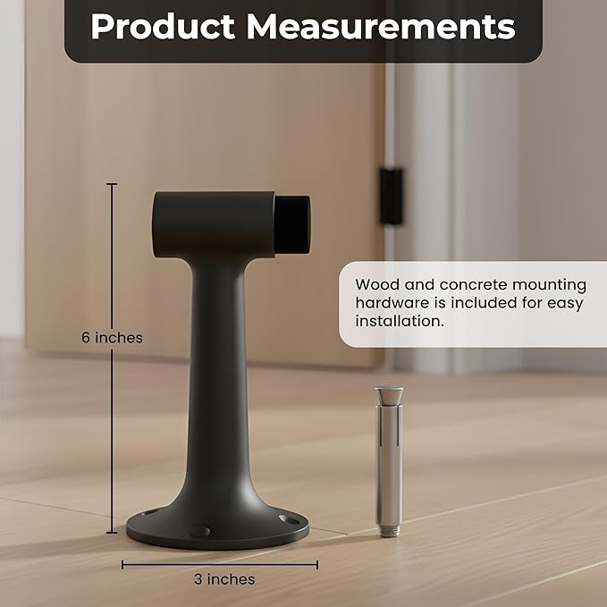 Heavy Duty 6″ Door Stop, Solid Brass Commercial Grade, Floor Mount Stopper (Matte Black)