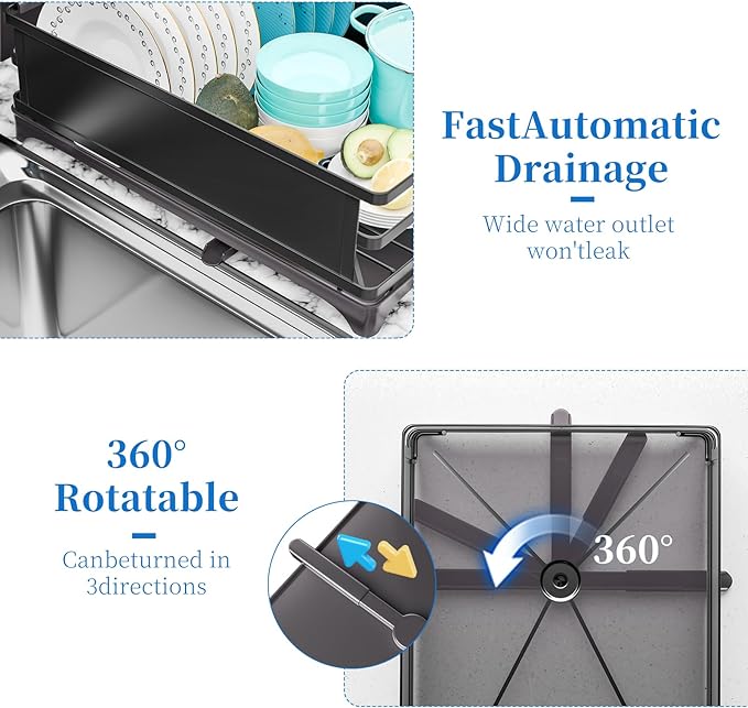 Simple Trending Dish Drying Rack, Dish Drainer for Kitchen Counter, Dish Rack with Tray for Large Capacity, Black