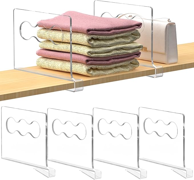 4 PCS Clear Shelf Dividers, Closet Vertical Purse Organizer for Closet, for Handbags, Clutches, Clothes, Towels, Shelf Dividers for Closet Organization Wooden Shelves for Bedrooms, Kitchens and Office