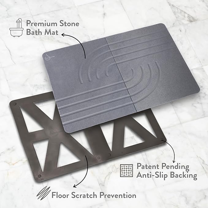 Water Stone Bath Mat, Quick-Dry Bathroom Rug, Gray Standard Size (27.5" x 19.6"), Eco-Friendly, Non-Slip, Absorbent, Modern Design for Safe & Clean Bathroom Floor