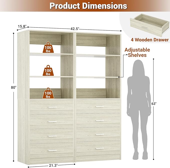 Aheaplus Closet Drawers Organizer System, 3.54FT Wood Closet System with 4 Drawers, Modular Walk-in Closets Storage Unit, Tall Bookshelf Storage Cabinet, White Oak (2 Packs)