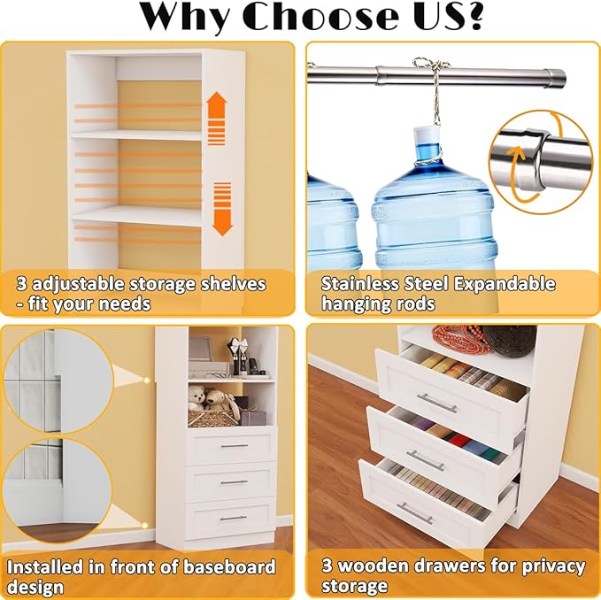 Closet System with 4 Sets, Closet Organizer Systems with 6 Drawers & 7 Hanging Rods & Adjustable Shelves, Walk in Closet Standalone Closet System Modular Closet System Set White