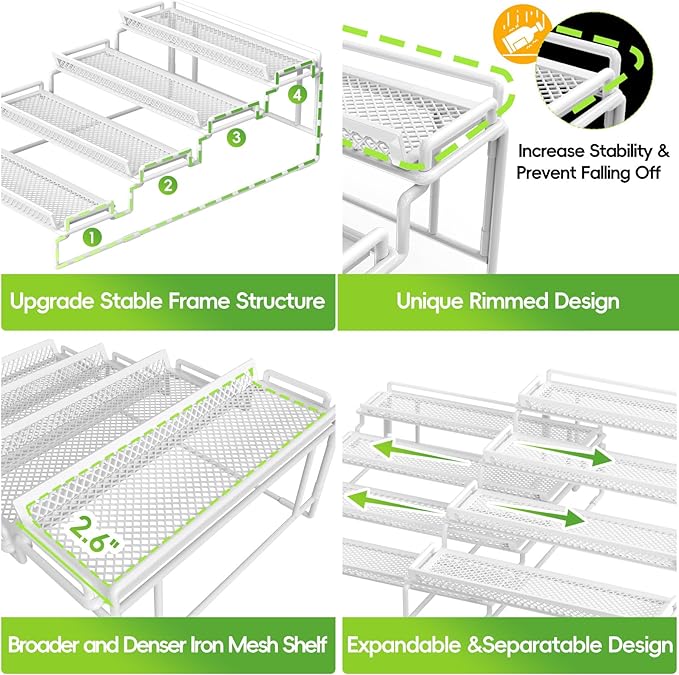 4 Tier Adjustable Spice Rack Organizer for Cabinet - White (2 PCS S&L) Expandable Spice Shelf with Protection Railing for Inside Cabinets, Countertop, Pantry Storage & Seasoning Organization