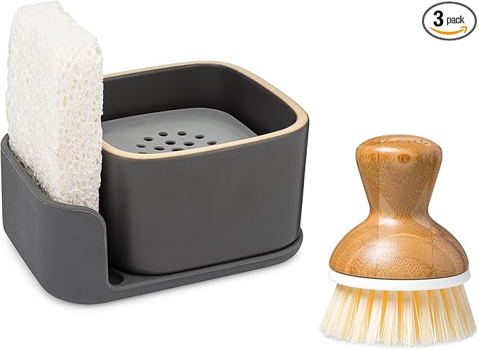 Full Circle Bubble Up Combo — Family Safe, Formaldehyde-Free – Gray Ceramic Soap Dish with Plant-Based Sponge & Bamboo Dish Brush – Versatile Kitchen Scrub Brush Set for Pots, Pans, Counter & Ovens