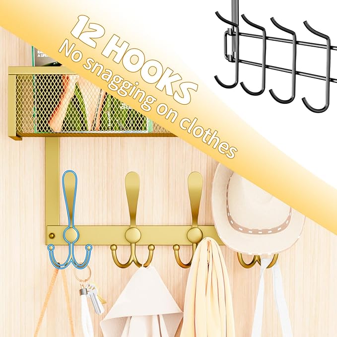 Kaiferty Over The Door Hooks Organizer,Coat Rack with 12 Hooks and 2 Mesh Baskets,Back of Door Storage Organizer for Bathroom,Bedroom,Kitchen,Office (Gold)