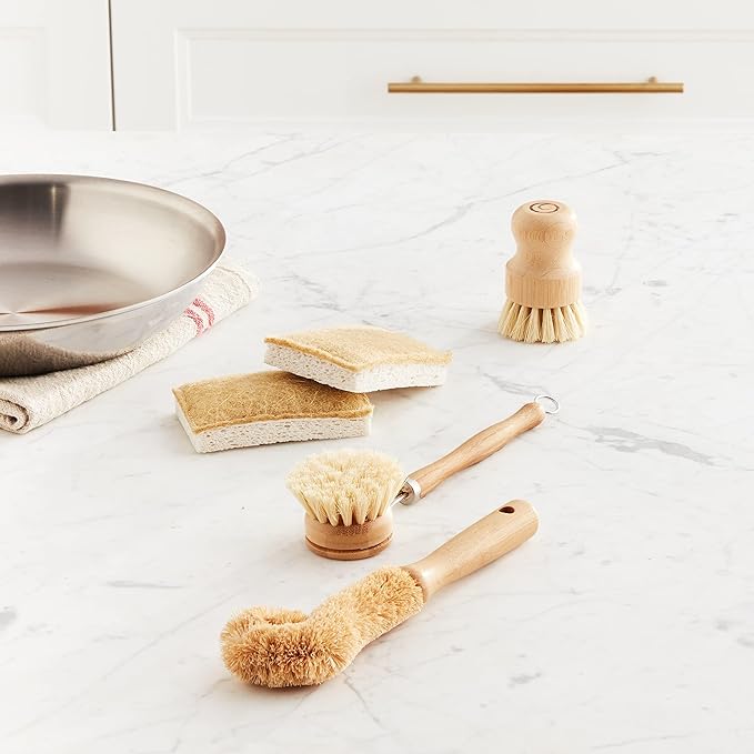 Tieralia Bamboo Dish Brush Gift Set – 5-Piece Kitchen Cleaning Set with Bottle Brush, Round Scrub Brush, Palm Brush & 2 Plant-Based Sponges | Wooden Handle Cleaning Tools for Dishes & Surfaces