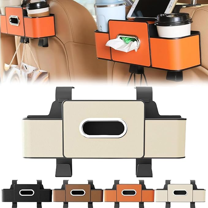 3-in-1 Car Back Seat Organizer with Cup Holder, Multifunctional Car Seat Back Organizer and Storage Box, with 2 Cup Holders, Tissue Box and Hook, for Hold Phone,Snacks, Drinks, Handbag (White,2PCS)