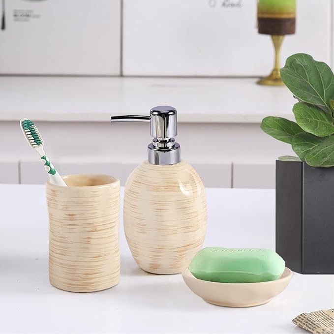 Bathroom Accessory Set of 3, Ceramic Bathroom Accessories Complete -Toothbrush Holders, Soap Dispenser, Soap Dish, Rustic Boho Bathroom Decor, Farmhouse Bathroom Organizer for Countertop