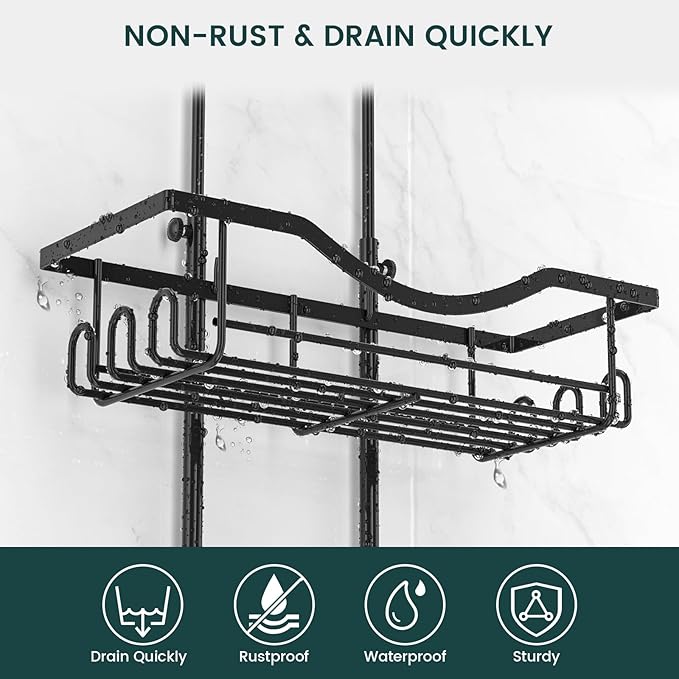 Shower Caddy Hanging Adjustable Shower Caddy, Rustproof Shower Organizer Extended Length Shower Caddies Over Shower Head with Hooks Soap Holder, Large Capacity Anti-Swing Bathroom Organizer, Black