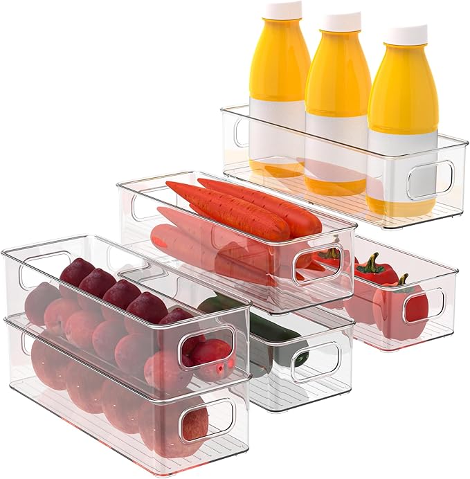 Set of 6 Refrigerator Pantry Organizer Bins - Stackable Fridge Organizers with Handles for Pantry, Freezer, Kitchen, Countertops, Cabinets - Clear Plastic Food Storage Bins