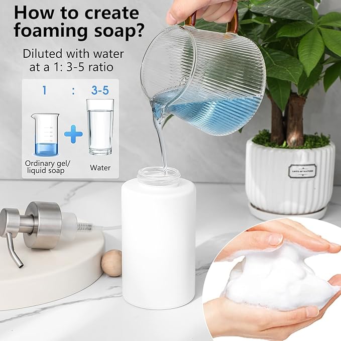 Foaming Soap Dispenser Set, 12 Oz Glass Hand Soap Dispenser with 304 Rust Proof Stainless Steel Pump, Waterproof Labels, for Bathroom Decor Kitchen College Dorm, White Silver Pump 2 Pack