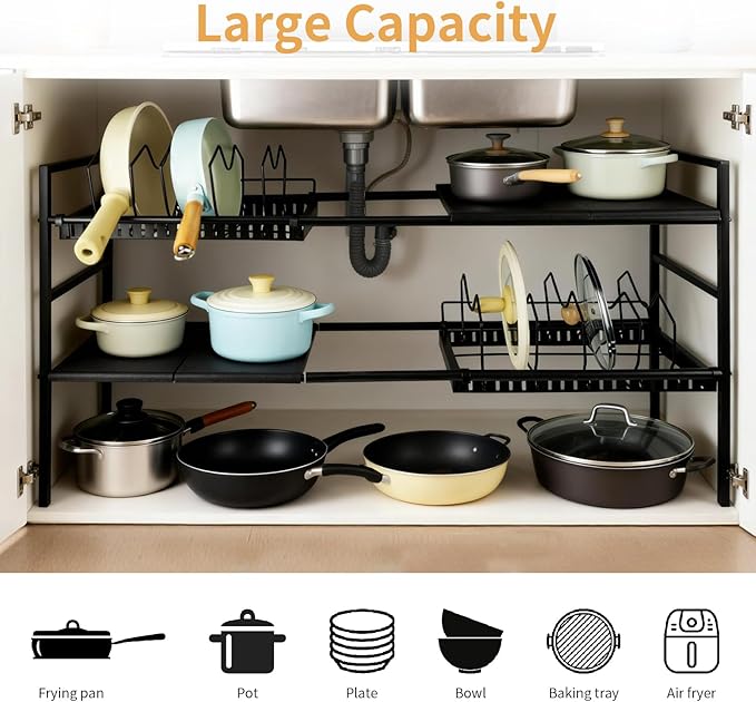 Pots and Pans Organizer Under Cabinet, Expandable Length, Adjustable Height Under Sink Shelf 2 Tier with 5 Dividers Under Cabinet Shelf, Metal Frame for Bathroom Kitchen Pantry Cabinet (Black)