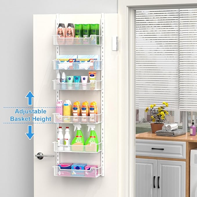 12.3" W Narrow Over the Door Pantry Organizer, 6-Tier Over the Door Organizer with Adjustable Basket, Pantry Door Organization for Pantry Kitchen Storage Room Spice Rack, White