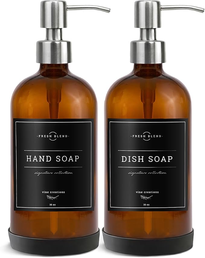 Vine Creations Amber Glass Soap Dispenser, 2 Pack Kitchen Soap Dispenser Set with Stainless Steel Pump, 16 oz Hand Soap or Dish Soap for Bathroom or Kitchen with Waterproof Labels