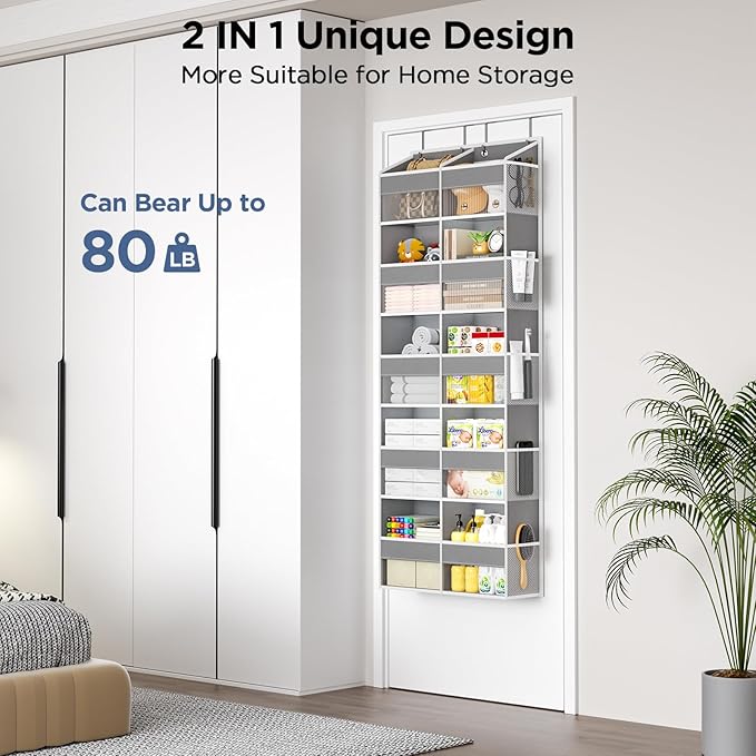 2 Pack 5-Tier Over The Door Organizer with 10 Side Mesh Pockets & Clear Windows, 80 lbs Weight Capacity Hanging Storage for Bathroom, Bedroom, Nursery, Kitchen, Organize Shoes, Diapers(Grey)