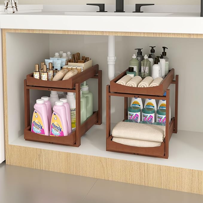 Bamboo Under Sink Organizer and Storage, 2 Pack Pull Out Cabinet Organization, 2 Tier Vertical Slide Out Undersink Storage Shelf, Multi-Purpose Organizer Shelves for Kitchen Bathroom Medicine, Brown