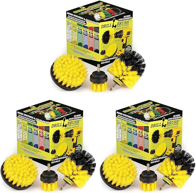 Drillbrush Cleaning Brush Kit, 3 Count, Nylon Bristle | Bathroom Surfaces | Power Scrubber | Drill Attachment | Yellow