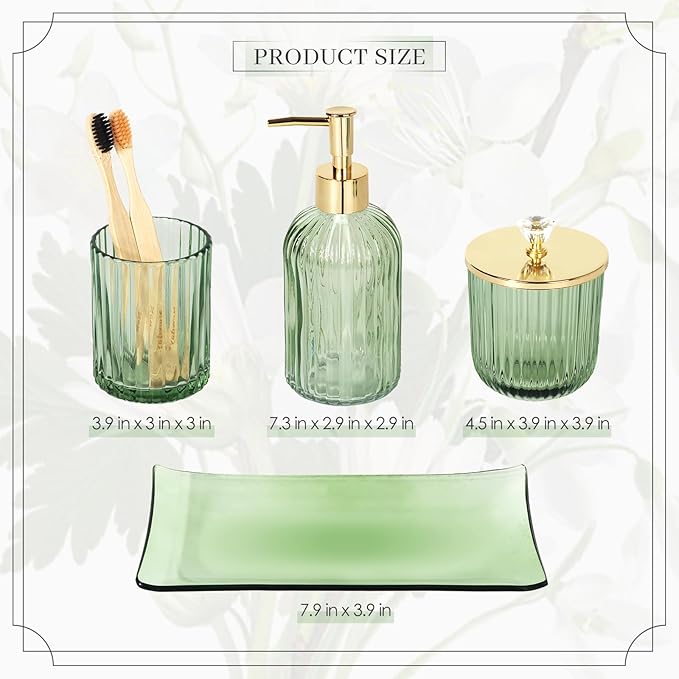 Designer Green Glass Bathroom Accessories Sets - 4 Pcs with Lotion Soap Dispenser, Bathroom Toothbrush Holder, Vanity Tray, and Apothecary Jar, Vintage Bathroom Decor, Gift Countertop Organizer