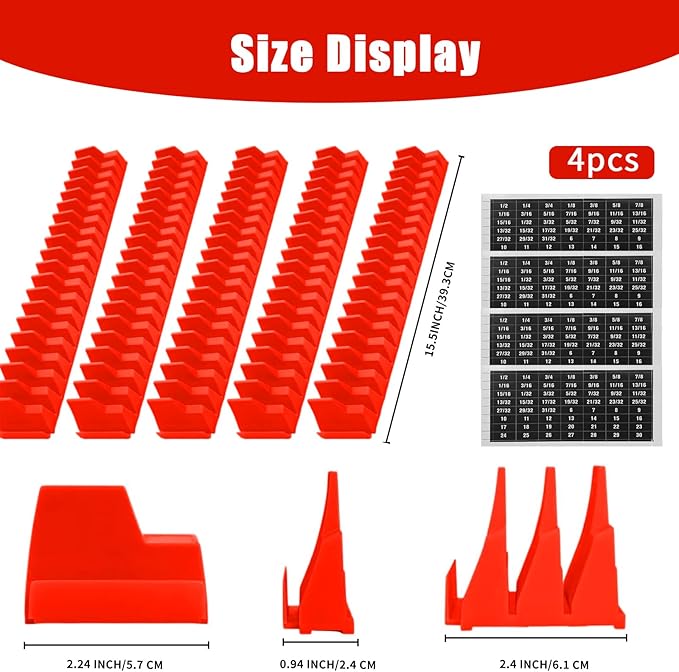 80 Pcs Modular Wrench Organizer Holder Set with Metric & SAE Labels, Wrench Rack for Toolbox Drawer Storage, Includes 9-Grid Clear Parts Box (Red)