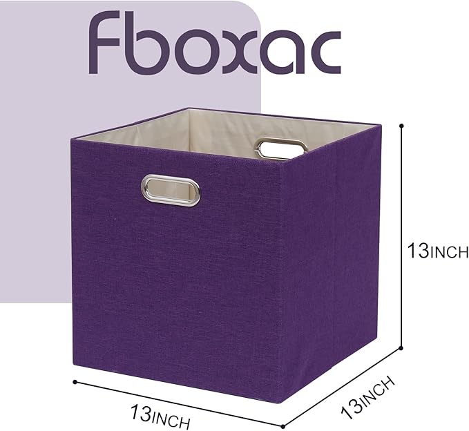 Collapsible Organization Basket Fabric Foldable Box with Handles, 11x11 Cube Storage Bins Set of 4, Thick and Heavy Duty Storage Baskets for Shelves Bedroom Livingroom,Purple