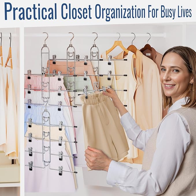 Pants & Skirt Hangers with Clips, Newly Upgraded Detachable Space Saving Hangers, 4-Tiers Skirt Hangers for Women - Hanging Closet Organizer and Storage-2pack, Patent Pending