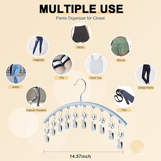 Legging Organizer for Closet, Metal Yoga Pants Hanger w/Rubber Coated 1 Pack w/10 Clips Hold 10 Leggings, Hangers Space Saving Hanging for Closet Organizers and Storage-Blue