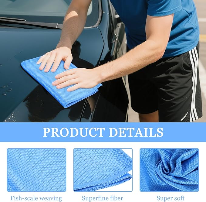 6PCS Microfiber Glass Cleaning Cloth, 12"×24" Fish Scale Cloth for Car Glass & Window Cleaning, Lint-Free Streak-Free, Multi-Purpose Mirror Washing Towels, Car Cleaning Supplies (Dark Blue)