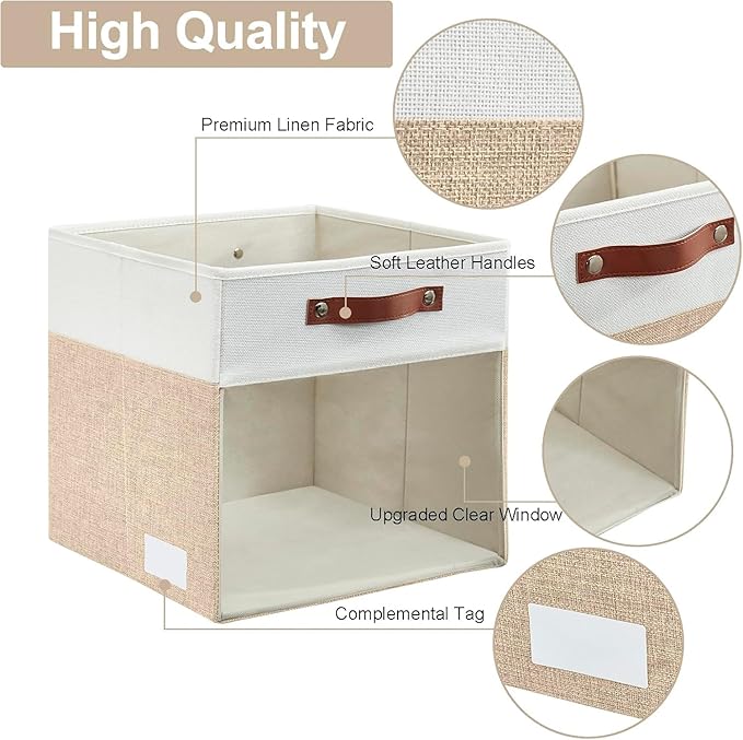 Storage Cubes, 4 Pack Linen Foldable Storage Bins with Clear Window and 2 Handles, 13x15x13 Storage Cube Bins for Shelf Closet, Kallax, Clothes, Books - (Beige and White)