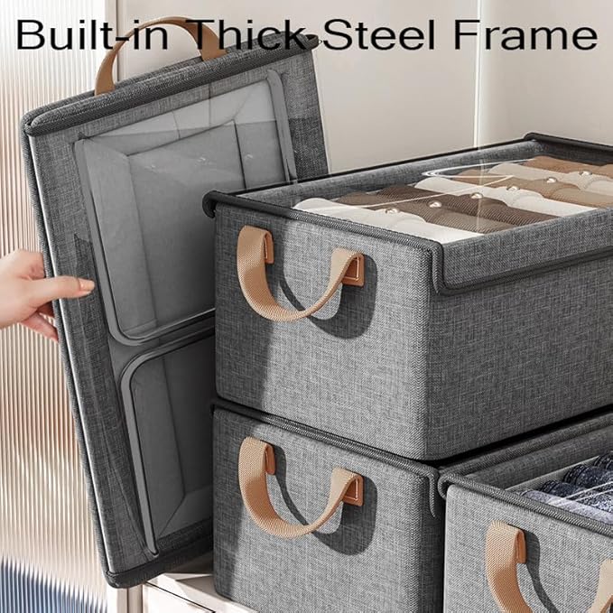 AARAINBOW Closet Clothes Organizer Bins 6 Pc, Fabric Box Storage Shelf Bins Stackable, Foldable Closet Shelf Storage Container with Lid, Fabric Storage Bin with Steel Frame, 23L (6 Gray with Lid)