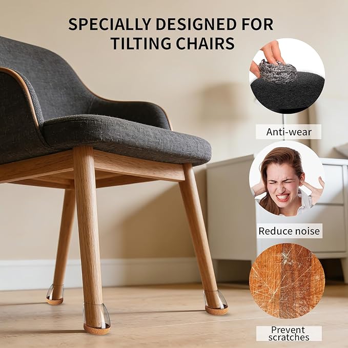 Ezprotekt 16 Pcs Chair Leg Floor Protectors, Silicone Covers Felt Furniture Pads for Hardwood Floors, Chair Leg Caps for Tilted Legs(15°-25°), Anti-Scratch and Reduce Noise Round Clear M Fit (0.8"-1")