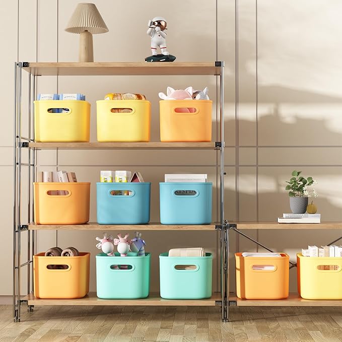 12 Pack Colorful Storage Bins for Shelves, Plastic Storage Containers for Organizing, Stackable Storage Boxes with Handle, Colored Storage Bins for Classroom, Craft, Snacks, Cabinet, 9.7x6.7x5.7 inch