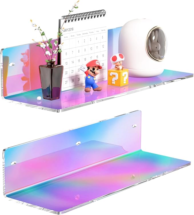 12 Inches Iridescent Wall Shelves, Moisture-Proof, Acrylic Bathroom Wall Shelves, Clear Floating Shelves for Bathroom, Bedroom, Living Room, Retail, 2 Pack