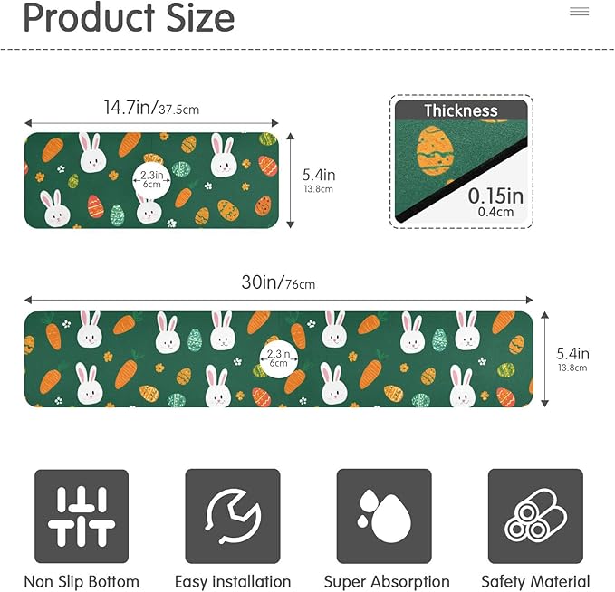 Kitchen Sink Splash Guard 1 PC 30 Inch Sink Faucet Mat Splash Guard for Bathroom Countertop Water Absorbent Foldable Cuttable Soft Washable Deep Green Easter Rabbit Eggs Carrots