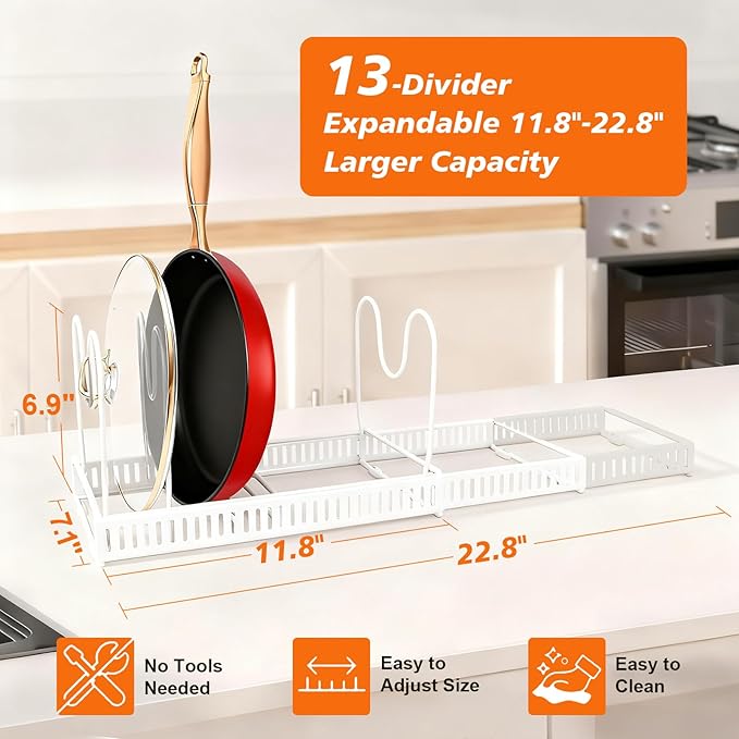 Expandable Pots and Pans Organizer Rack for Under-Cabinet Storage - Adjustable Kitchen Cabinet Organizer with 13 Dividers, Cutting Board Holder & 6 Non-Slip Silicone Pads-White