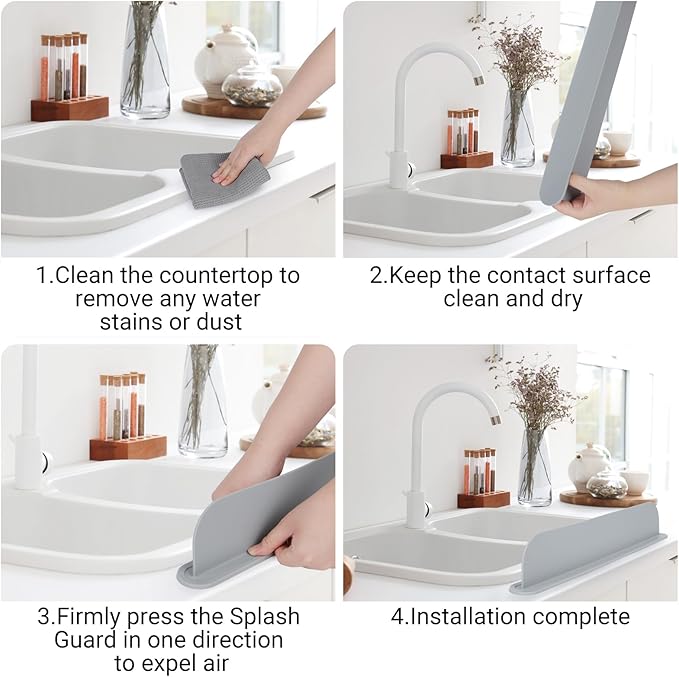 19.29 inch Kitchen Sink Splash Guard, Silicone Sink Baffle Splash Guard, Backsplash Protector for Kitchen Countertop & Bathroom Bathtub with Non-Slip Strong Suction, Gray