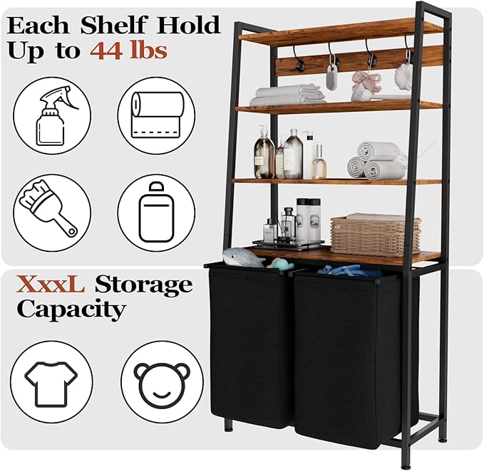 Furnulem 4 Tiers Laundry Hamper with Shelf and Hooks, Tall Laundry Basket Sorter with 2 Removable Bags, Double Clothes Hampers Organizers for Bathroom Bedroom