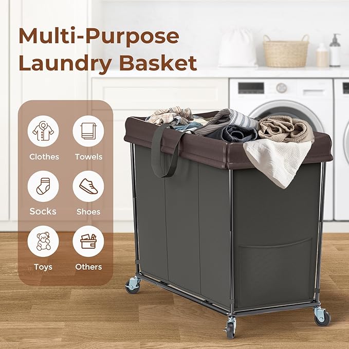 320L Laundry Hamper with Wheels, 3 Section Large Rolling Laundry Basket Bag with Wheels, Clothes Hamper Cart for Laundry, Bedroom, Bathroom and Dorm