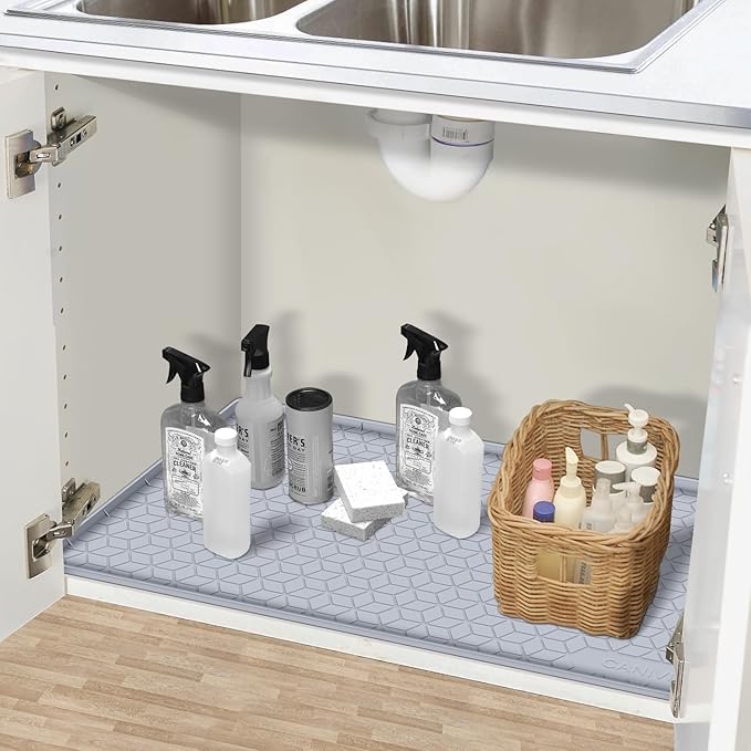 Under Sink Mat, 34" x 22" Waterproof Silicone Under Sink Tray for Kitchen & Laundry Cabinets, Kitchen Cabinet Shelf Protector, Up to 3.3 Gallons Liquid, Fits 36 inch Standard Cabinet Light Grey