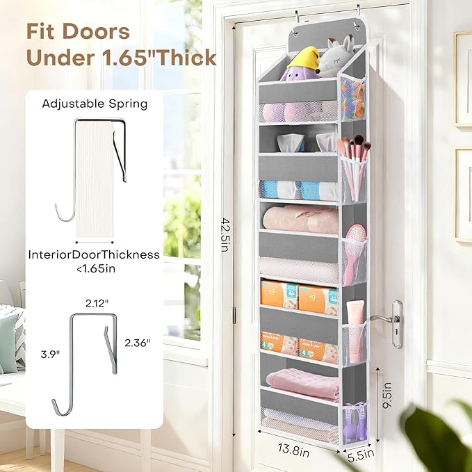 SpaceWhisper Over the Door Organizer, 5 Large Pocket Hanging Storage Organizer with 40lb Capacity, Space Saving for Nursery, Bathroom, Bedroom, Closet - Baby Essentials & Toiletry Organizer (Grey)
