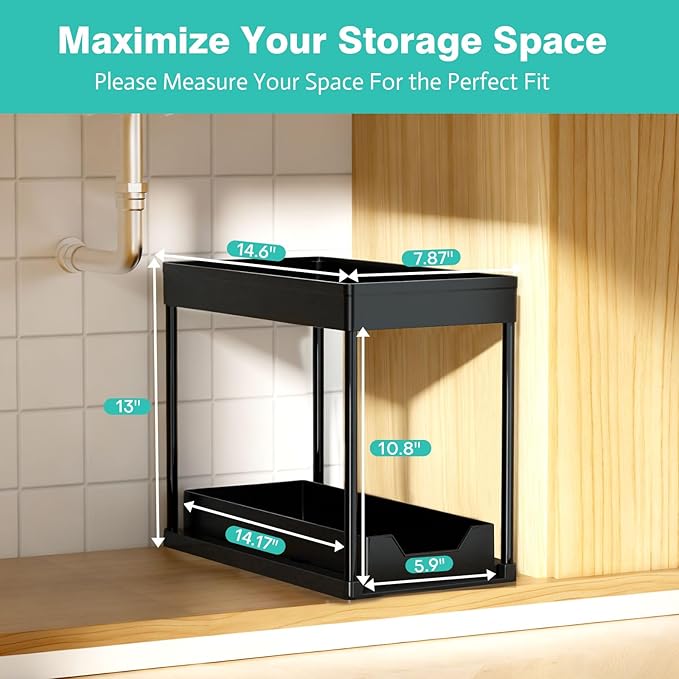 Under Sink Organizers 2 Pack, Pull-Out Sliding Cabinet Organizer with 2-Tier Storage Shelf & 4 Hooks, Multi-Purpose for Kitchen & Bathroom (13 Inch, Black)