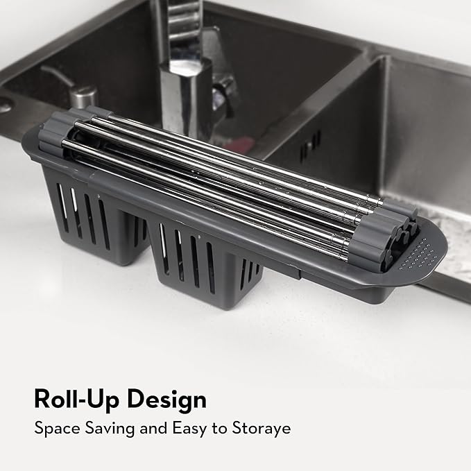 Roll Up Dish Drying Rack Over The Sink, 304 Stainless Stee Dish Drainer, Foldable & Adjustable Sink Drying Rack for Kitchen Sink Counter with Utensil Holder (Black, Roll Up,Small,Expandable)