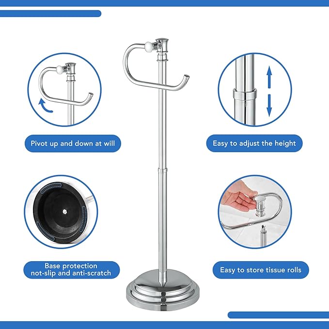 RUMOSE Toilet Paper Holder Stand for Floor, Polished Chrome Adjustable (12.4" to 22.8") Bathroom Toilet Tissue Holder, Free Standing Toilet Paper Roll Holder with Storage, Stainless Steel