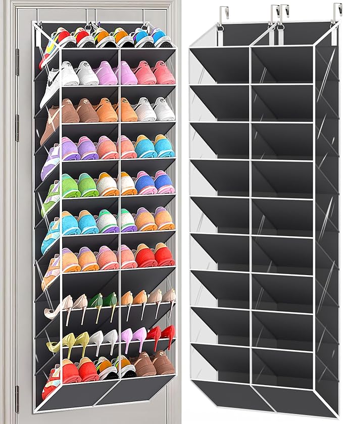20-30 Pairs Over the Door Shoe Organizer, Clear Pockets Hanging Shoe Storage for Closet, 10-Tier Door Shoes Rack, Handing Shoes Holder Fit All the Family's Sneakers, Boots, Heels, Dark Grey