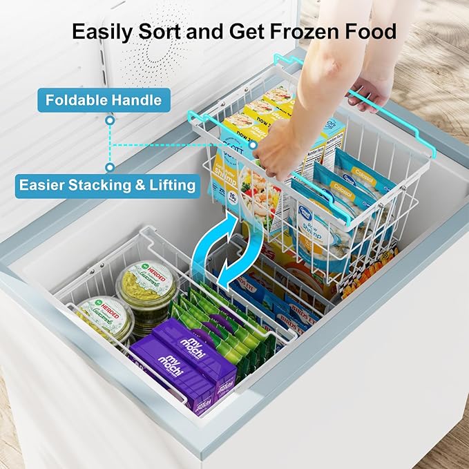 iSPECLE Freezer Organizer Bins - 4 Pack Adjustable Width for 5 to 7 Cu.Ft Chest Freezers, Stackable Wire Storage Baskets for Deep Freezer Organization, Assembly Required, White